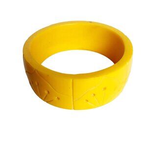 Carved Bangle Bracelet Bright Yellow Wide Thick and Heavy Spring Summer Bracelet